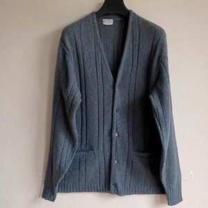Men’s Vintage Gray Wide Rib Knit V-Neck Button-Up Shetland Wool Cardigan XL